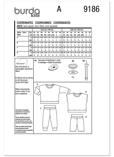 Burda Style BUR9186 | Burda Style Pattern 9186 Babies Sweatshirt and Pants | Back of Envelope