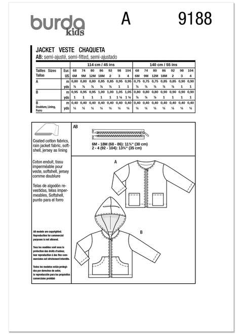Burda Style BUR9188 | Burda Style Pattern 9188 Toddler's Jackets | Back of Envelope