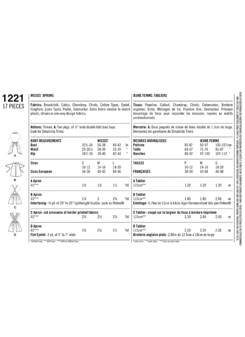Simplicity S1221 | Misses' Vintage Aprons | Back of Envelope