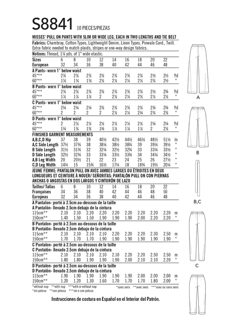 Simplicity S8841 | Misses' Wide or Slim-Leg Pull-On Pants | Back of Envelope