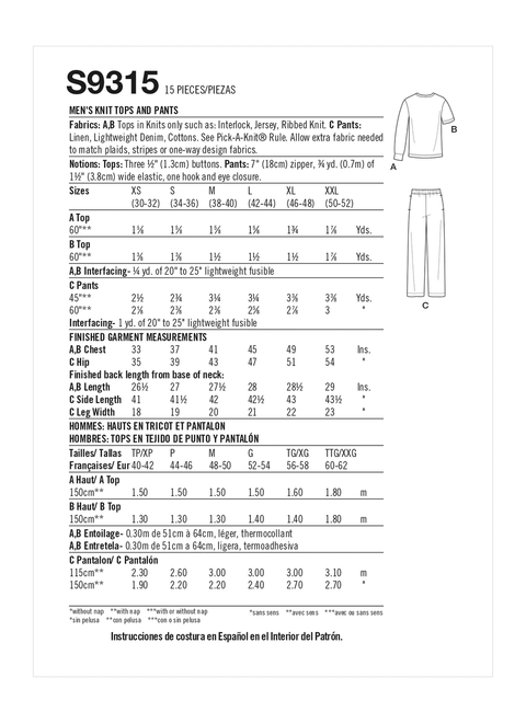 Simplicity S9315 | Men's Knit Tops and Pants | Back of Envelope