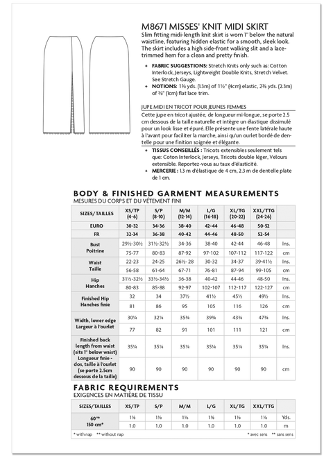 McCall's M8671 | McCall's Sewing Pattern Misses' Knit Midi Skirt | Back of Envelope