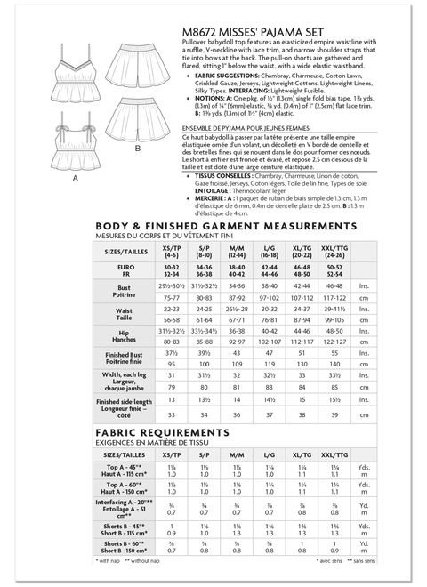 McCall's M8672 | McCall's Sewing Pattern Misses' Pajama Set | Back of Envelope