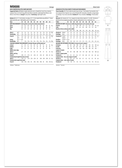 McCall's M8686 | McCall's Sewing Pattern Men's Cropped Polo Style Shirt and Pants | Back of Envelope