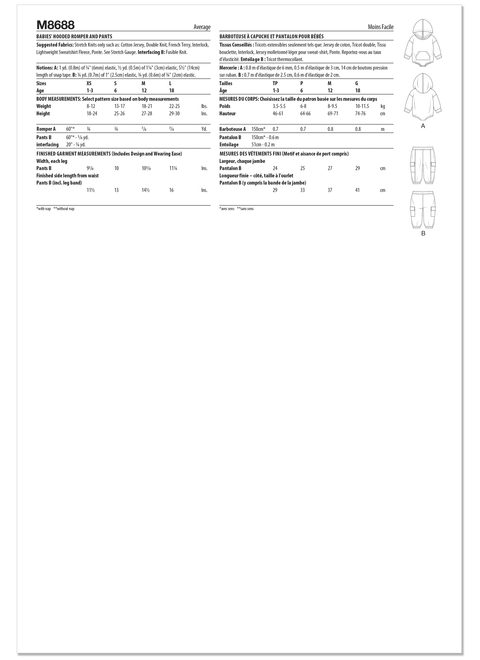 McCall's M8688 | McCall's Sewing Pattern Babies' Hooded Romper and Pants | Back of Envelope