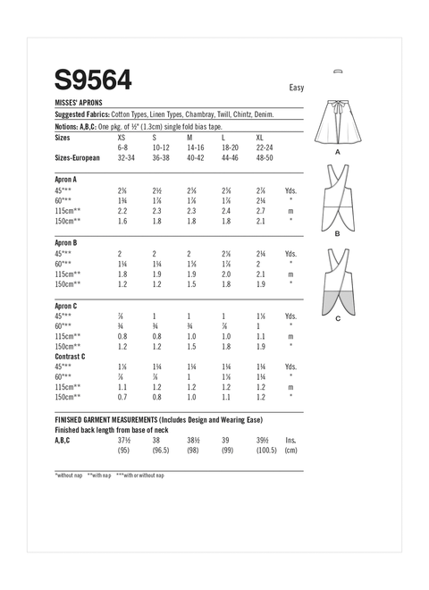 Simplicity S9564 | Misses' Aprons | Back of Envelope