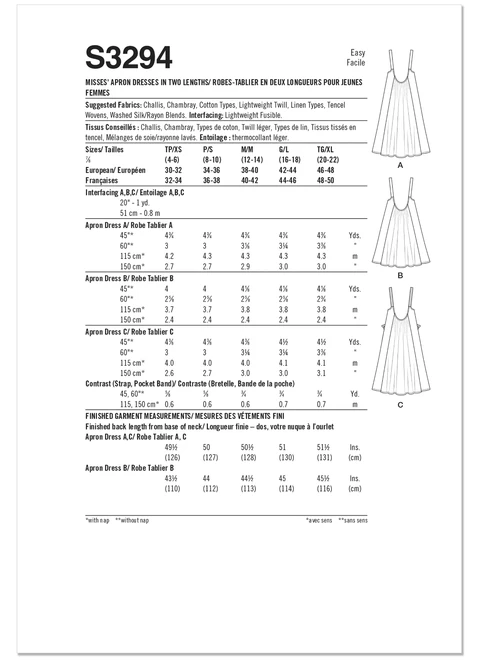 Simplicity S3294 | Simplicity Sewing Pattern Flared Apron Dress | Back of Envelope