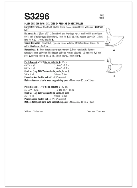 Simplicity S3296 | Simplicity Sewing Pattern Plush Goose Décor in Two Sizes | Back of Envelope