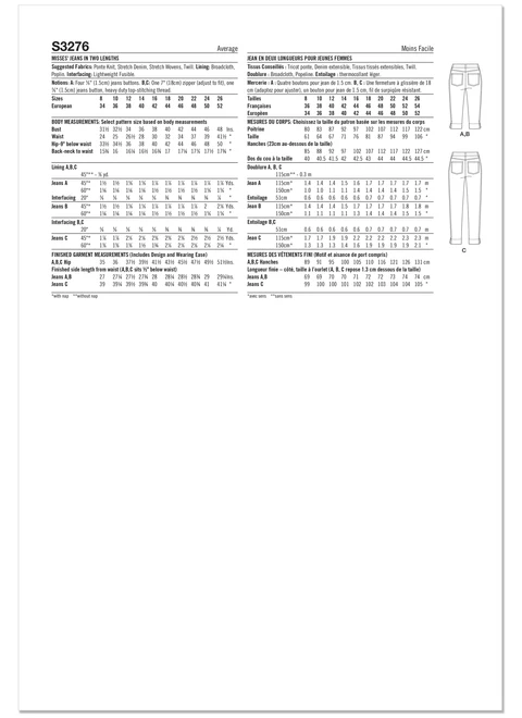 Simplicity S3276 | Simplicity Sewing Pattern Misses’ Jeans in Two Lengths | Back of Envelope