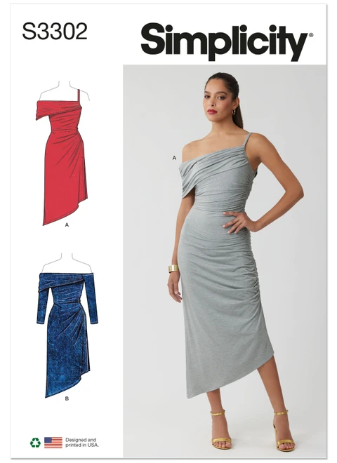 Simplicity S3302 | Simplicity Sewing Pattern Misses' Asymmetric Knit Dress with Sleeve Variations | Front of Envelope