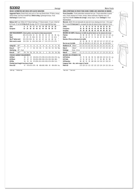 Simplicity S3302 | Simplicity Sewing Pattern Misses' Asymmetric Knit Dress with Sleeve Variations | Back of Envelope