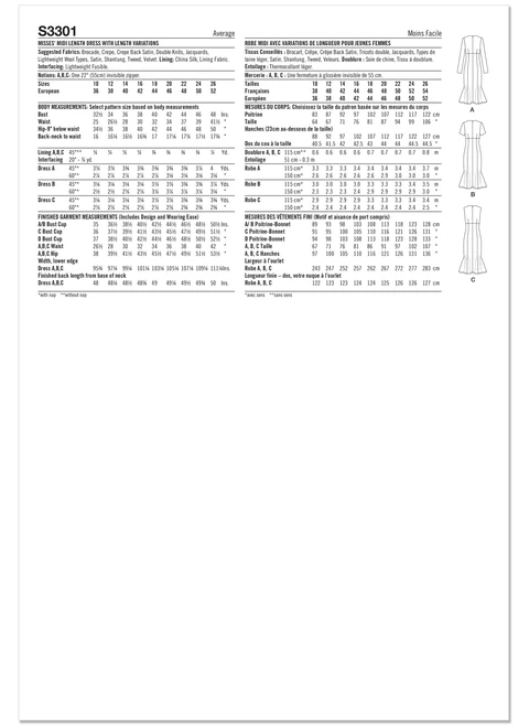Simplicity S3301 | Simplicity Sewing Pattern Misses’ Midi Length Dress with Sleeve Variations and Custom Cup Sizes | Back of Envelope