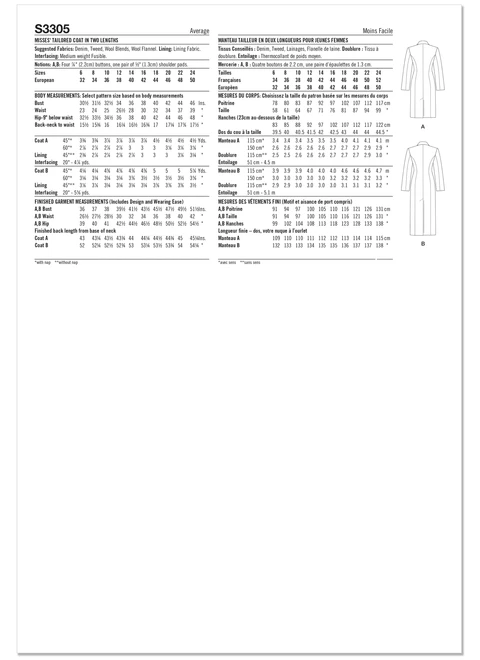 Simplicity S3305 | Simplicity Sewing Pattern Misses' Tailored Coat In Two Lengths | Back of Envelope