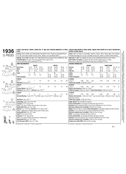 Simplicity S1936 | Child's & Misses' Aprons | Back of Envelope