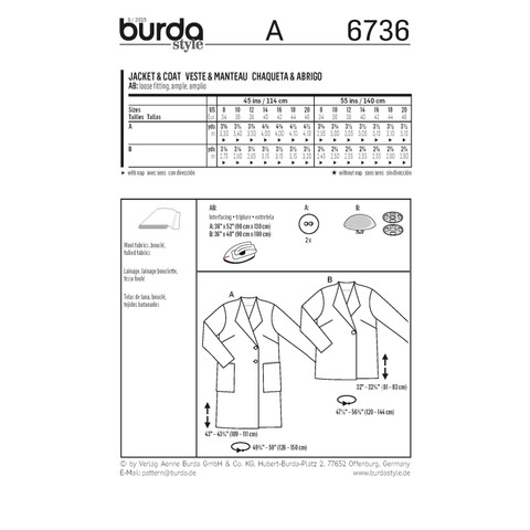 Burda Style BUR6736 | Misses' Jackets and Coats | Back of Envelope