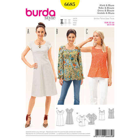 Burda Style BUR6685 | Women's Dress and Blouse | Front of Envelope