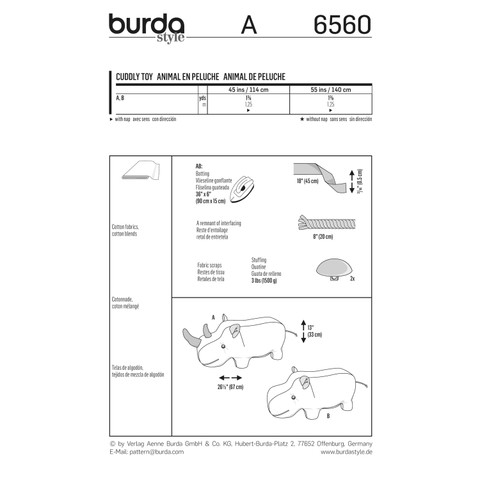 Burda Style BUR6560 | Stuffed Hippo or Rhino | Back of Envelope