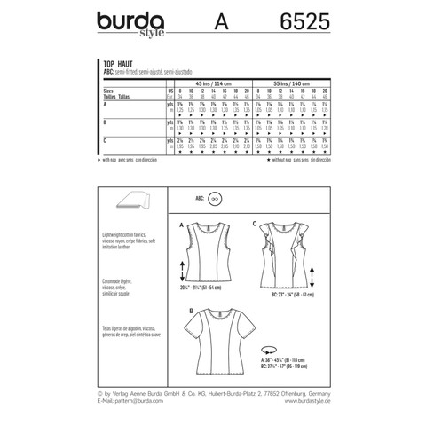 Burda Style BUR6525 | Misses' Blouse | Back of Envelope