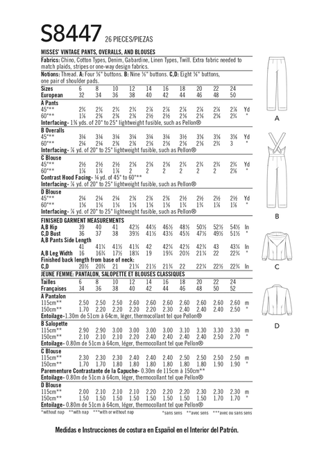 Simplicity S8447 | Misses' Vintage Pants, Overalls and Blouses | Back of Envelope