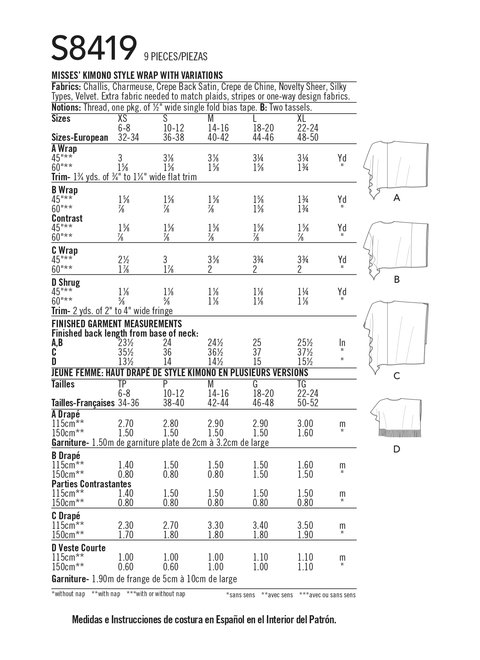 Simplicity S8419 | Misses' Kimono Style Wrap with Variations | Back of Envelope