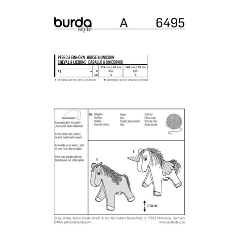 Burda Style BUR6495 | Stuffed Animal Horse | Back of Envelope