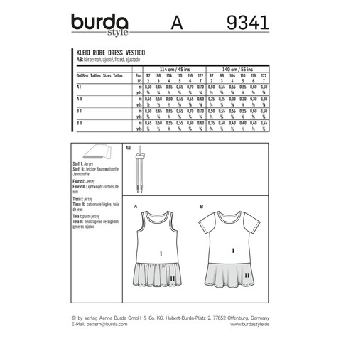 Burda Style BUR9341 | Child's Summer Jersey Dresses | Back of Envelope