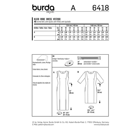 Burda Style BUR6418 | Misses' Feminine Dresses | Back of Envelope