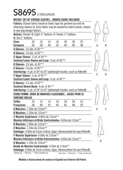Simplicity S8695 | Misses' Vintage Set of Sleeves | Back of Envelope