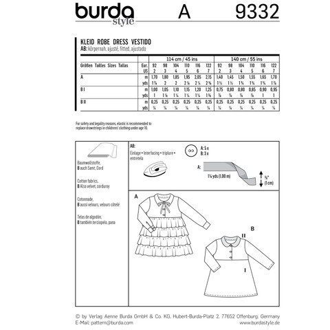 Burda Style BUR9332 | Children's Dresses | Back of Envelope