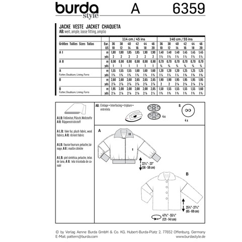 BUR6359 | Burda Style Sewing Pattern Misses' Fur Coats | Burda Style