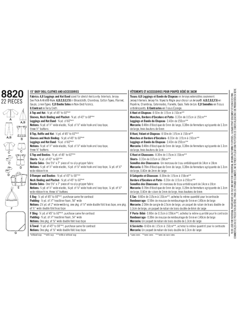 Simplicity S8820 | 15" Baby Doll Clothes & Accessories | Back of Envelope