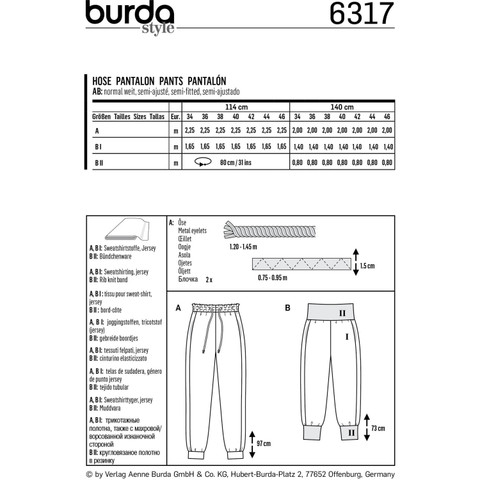 Burda Style BUR6317 | Misses' Jogging Pull On Pant | Back of Envelope