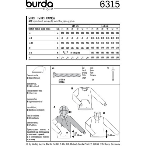 BUR6315 | Burda Style Sewing Pattern Misses' Hoodie | Burda Style