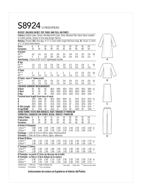 Simplicity S8924 | Misses' Jacket, Top, Tunic, and Pull-On Pants | Back of Envelope