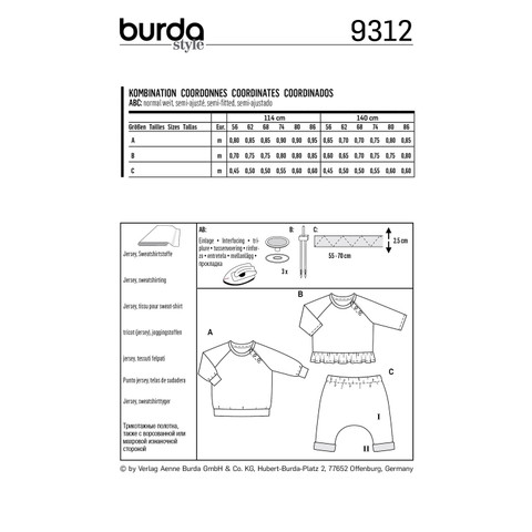 Burda Style BUR9312 | Babies' Coordinates, Pull-On Top and Pants | Back of Envelope