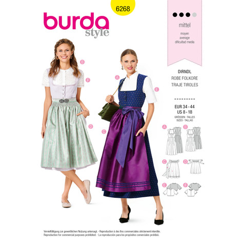 Burda Style BUR6268 | Misses' Jumper Dress in Dirndl-Style, Blouse and Apron | Front of Envelope