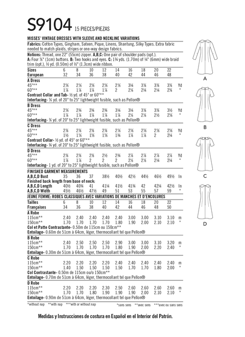 Simplicity S9104 | Misses' Vintage Dresses with Sleeve & Neckline Variation | Back of Envelope