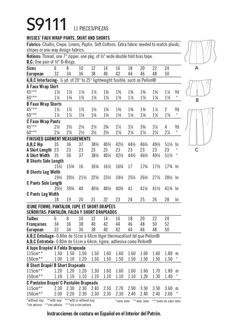 Simplicity S9111 | Misses' Faux Wrap Pants, Skirt & Shorts | Back of Envelope