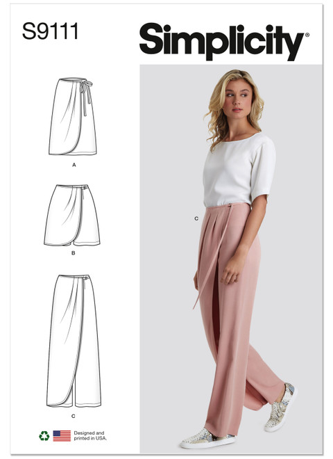 Simplicity S9111 | Misses' Faux Wrap Pants, Skirt & Shorts | Front of Envelope