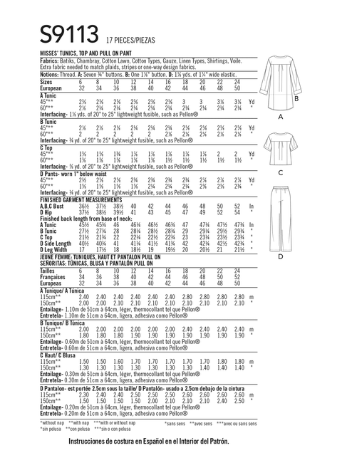 Simplicity S9113 | Misses' Tunic, Top & Pull On Pants | Back of Envelope