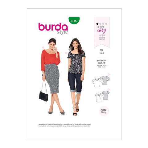 Burda Style BUR6202 | Misses' Tops Pull-On, Designed For Stretch Knits | Front of Envelope
