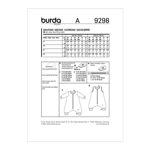 Burda Style BUR9298 | Toddlers' & Infants Sleeping Bag or Jumpsuit | Back of Envelope