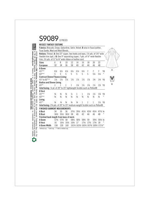 Simplicity S9089 | Misses' Fantasy Costume | Back of Envelope