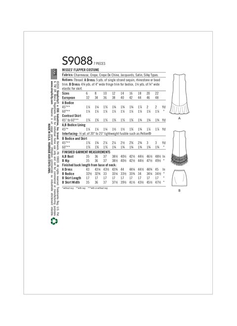 Simplicity S9088 | Misses' Flapper Costumes | Back of Envelope