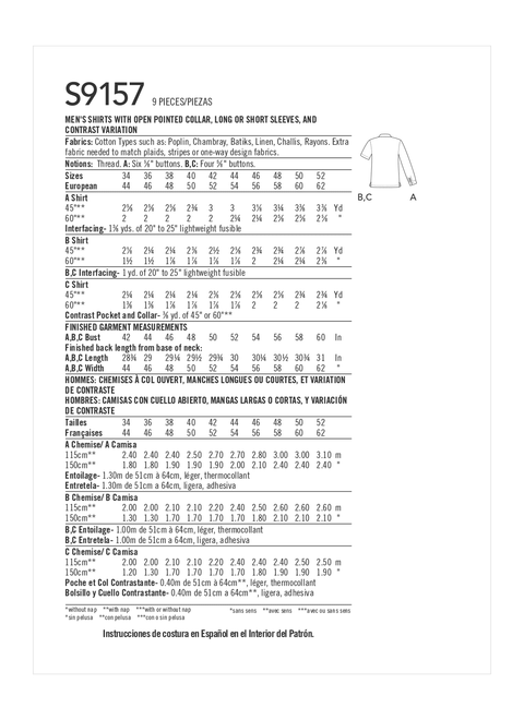 Simplicity S9157 | Men's Open Pointed Collar Shirts | Back of Envelope