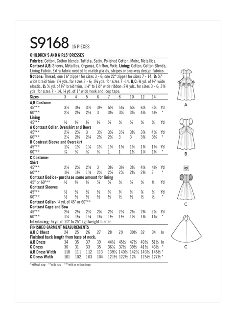 Simplicity S9168 | Children's & Girls' Princess Costumes | Back of Envelope