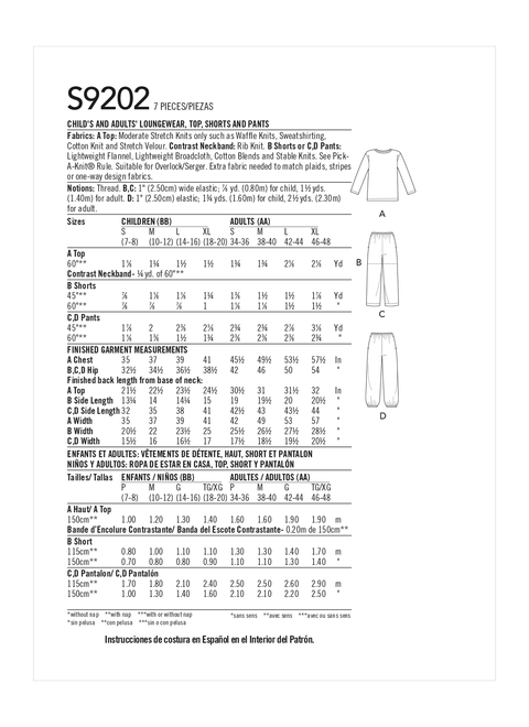 Simplicity S9202 | Misses'/Men's/Children's/Boys'/Girls' T-Shirt, Shorts and Pants | Back of Envelope