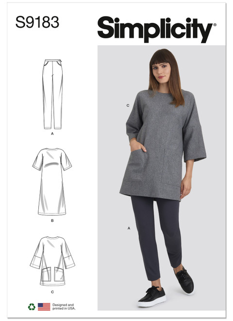 Simplicity S9183 | Misses' Tunic, Top, Dress & Legging | Front of Envelope