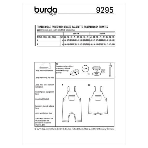 Burda Style BUR9295 | Babies' Bibbed Trousers or Pants – Overalls with Straps | Back of Envelope