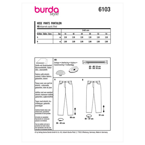 Burda Style BUR6103 | Women's Trousers & Pants | Back of Envelope